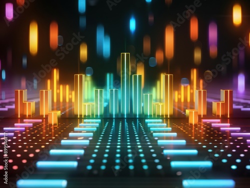 Vibrant and dynamic audio visualization with colorful bars and lights representing sound waves and music rhythm.