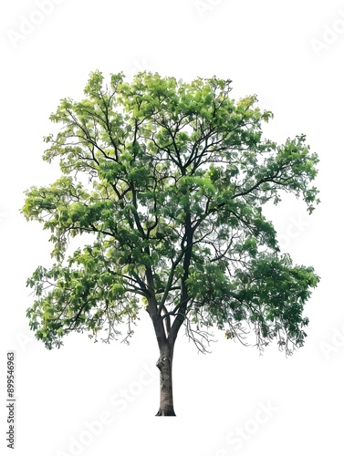 Isolated Lush Green Hickory Tree Against Plain White Background