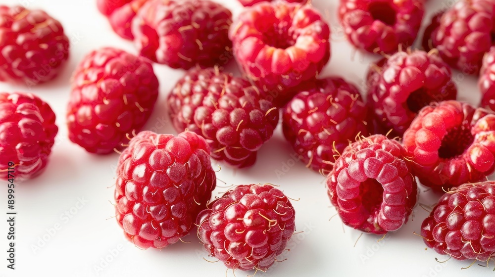 Vibrant red raspberries freshly picked and arranged on a clean white surface, ready to add a burst of juicy sweetness to your summer recipes Vibrant red raspberries freshly picked and arranged on a clean white surface, ready to add a burst of juicy sweetness to your summer recipes