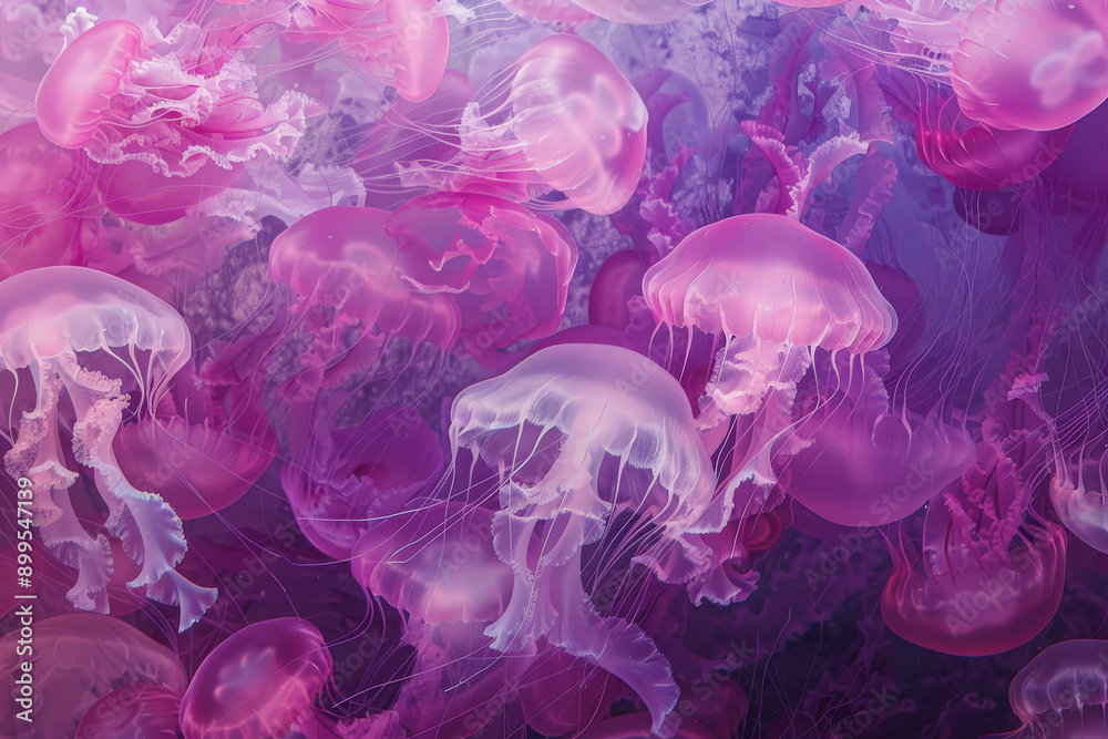 A bunch of jellyfish in a purple and pink color A bunch of jellyfish in a purple and pink color