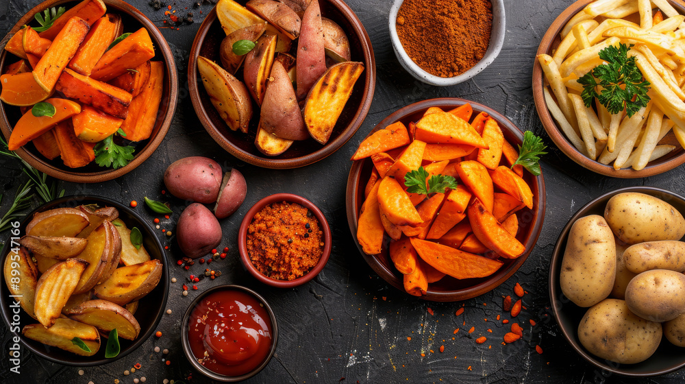 A table with a variety of vegetables and condiments, including potatoes, carrots A table with a variety of vegetables and condiments, including potatoes, carrots