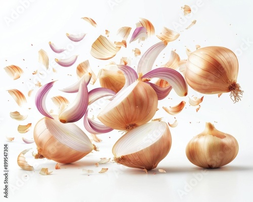 Onion halves and slices suspended in mid-air with onion skin fragments scattered around. photo