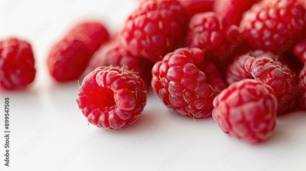 Vibrant and appetizing display of fresh raspberries on a white surface, captured up close Vibrant and appetizing display of fresh raspberries on a white surface, captured up close