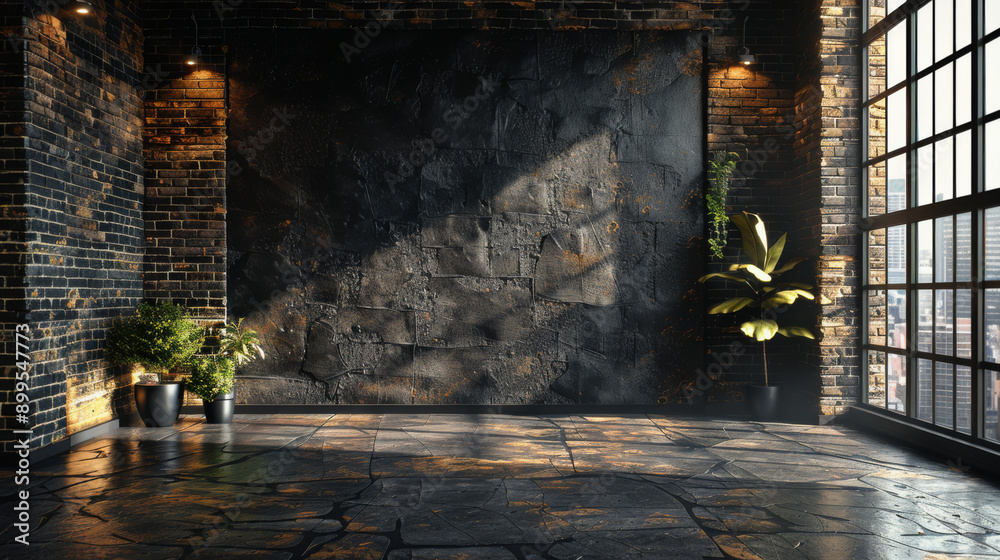 Black brick wall background. Loft interior Black brick wall background. Loft interior