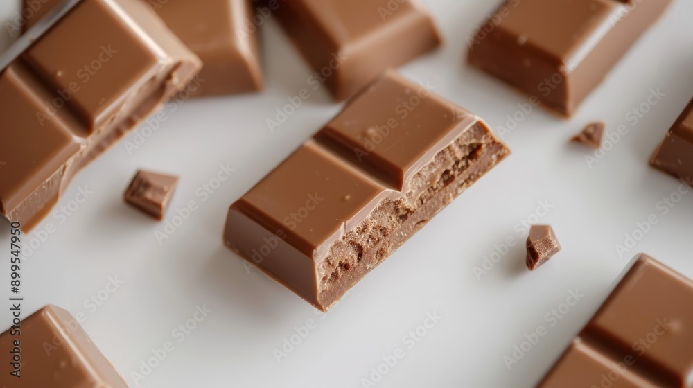 Tempting milk chocolate bar broken into pieces on a white background, perfect for sweet cravings. Rich brown color contrasts beautifully with the pristine backdrop Tempting milk chocolate bar broken into pieces on a white background, perfect for sweet cravings. Rich brown color contrasts beautifully with the pristine backdrop