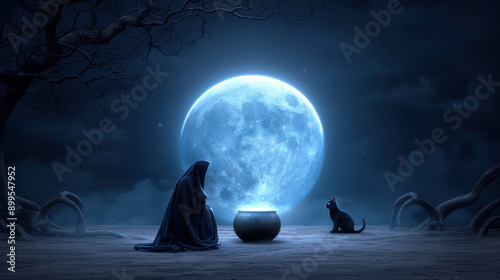 A mysterious figure in a dark cloak sits by a pot with a cat under a full moon in a mystical, eerie landscape.