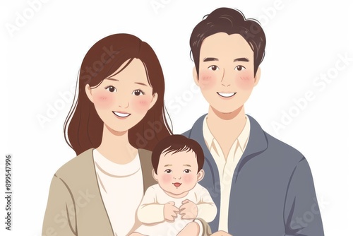 Charming family illustration with parents and baby capturing love happiness and togetherness in a soft pastel design