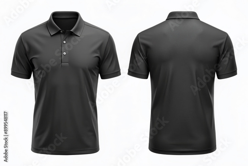 A blank, modern black polo shirt with a relaxed fit, featuring a classic collar and buttons, displayed on a white background from front and back perspectives.