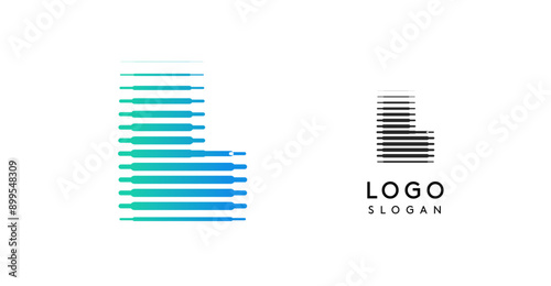 Abstract wide letter L, logo with horizontal gradient lines, dynamic gradient logotype for tech companies, software development, and innovative brands. Vector illustration.