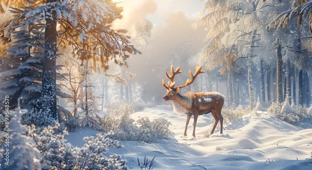 A deer is walking through a snowy forest A deer is walking through a snowy forest