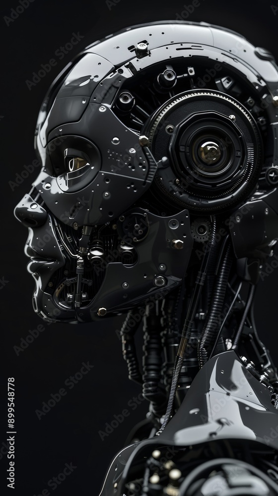 Profile view of a futuristic humanoid robot with glossy black exterior and intricate details. Symbolizes cutting-edge AI and advanced technology. Profile view of a futuristic humanoid robot with glossy black exterior and intricate details. Symbolizes cutting-edge AI and advanced technology.