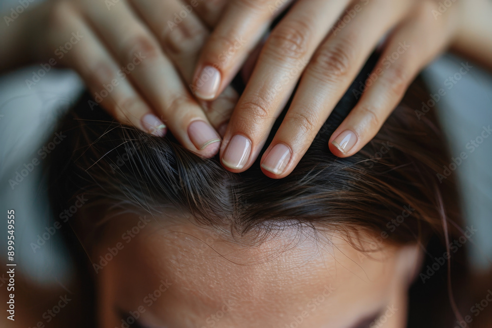 Naklejka premium Close-up of a young woman examining her scalp, searching for signs of hair loss or dandruff