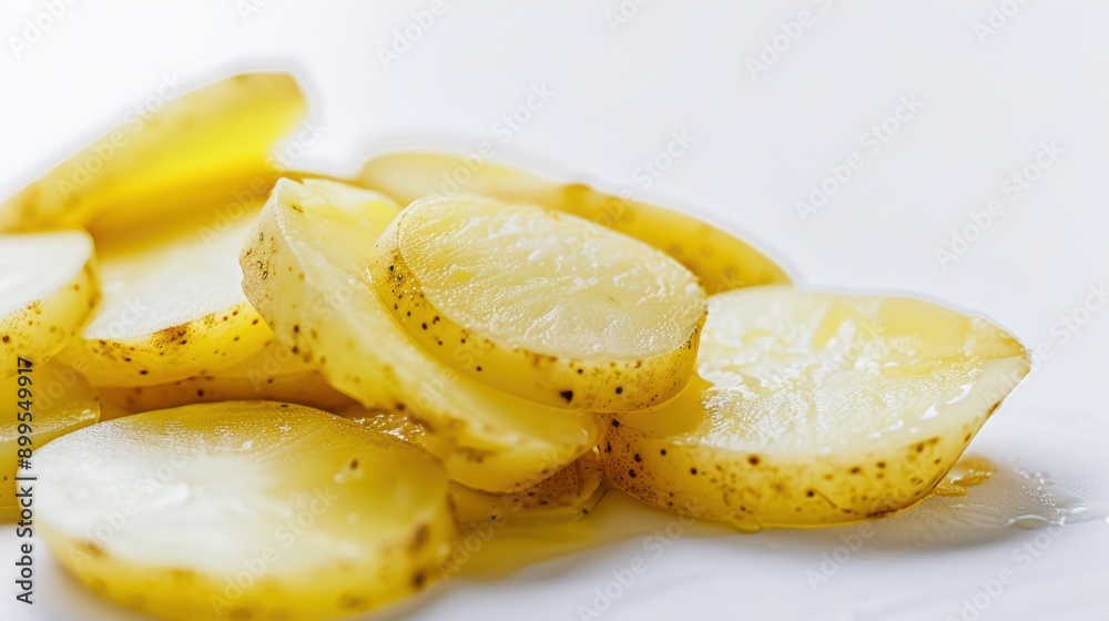 Fresh potato slices arranged on a white surface, coated in glistening oil, perfect for a healthy and delicious meal Fresh potato slices arranged on a white surface, coated in glistening oil, perfect for a healthy and delicious meal