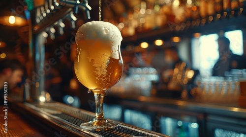 A glass of frothy beer sitting on a bar counter in a cozy pub, with a blurred background of bar lights and shelves. photo