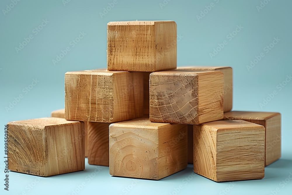 Wooden Building Blocks against Blue Background - Educational Toys and Natural Childcraft Materials Wooden Building Blocks against Blue Background - Educational Toys and Natural Childcraft Materials