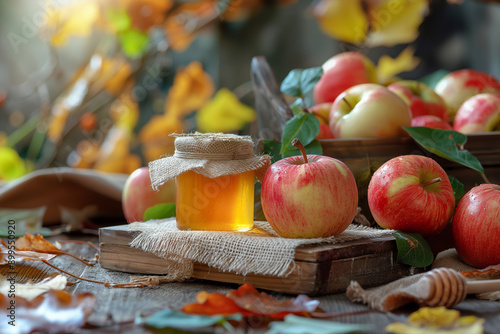 A beautiful Rosh Hashana image with apples and honey, traditional symbols of the Jewish New Year photo