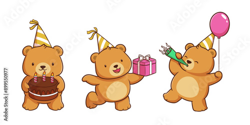 Adorable cute Bear Cartoon celebrating birthday perfect for merchandise printing purposes