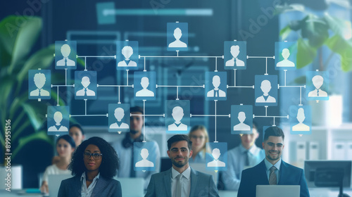 An office scene with diverse professional employees seated at desks, overlaid with a digital network of headshots representing connections and collaborations.