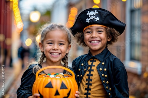 Halloween kid party. Trick or treat african american family child carnival. Girl and boy in pirate and witch costume. People background. Happy smile friends. Autumn pumpkin with candy. Halloween fall