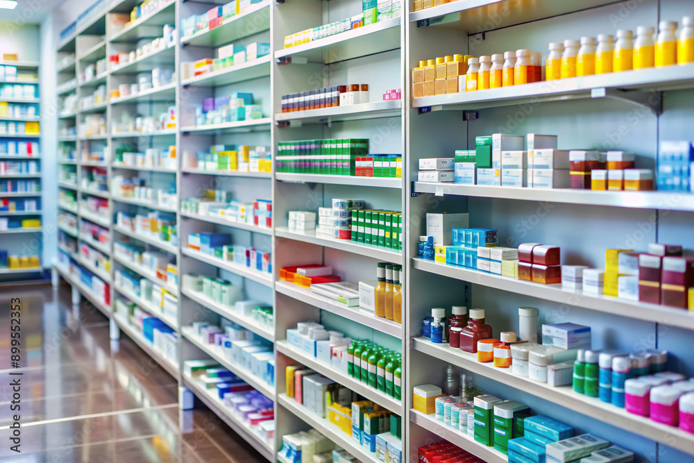 Colorful rows of medication bottles and packets line shelves in a tidy pharmacy, awaiting customers, with a blurred background and soft, natural lighting. Colorful rows of medication bottles and packets line shelves in a tidy pharmacy, awaiting customers, with a blurred background and soft, natural lighting.