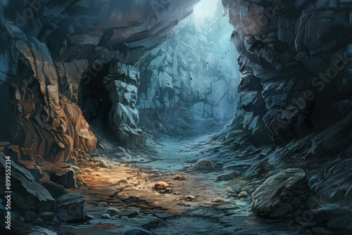 Ancient cavern with glowing crystals and stone statues photo