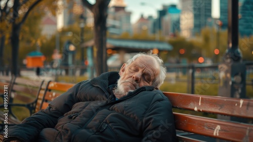 Sorrow in the City: Elderly Homeless Man Sleeping on Park Bench with Urban Skyline Background photo