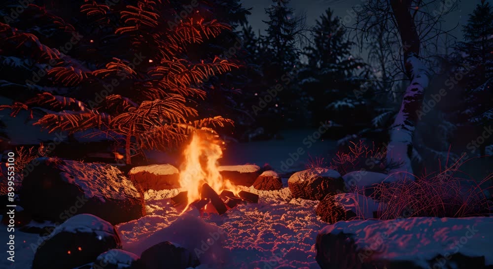 A fire is burning in a snow covered forest A fire is burning in a snow covered forest