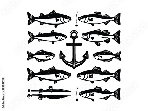 this is fishing design. Featuring rods, fish icons, and more, these elements are ideal for creating logos, labels, emblems, signs, and badges. fishing tamp late.