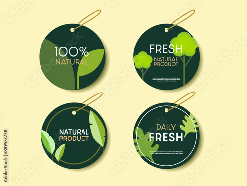 Vector set of natural label and organic banner, hangtag, green color.