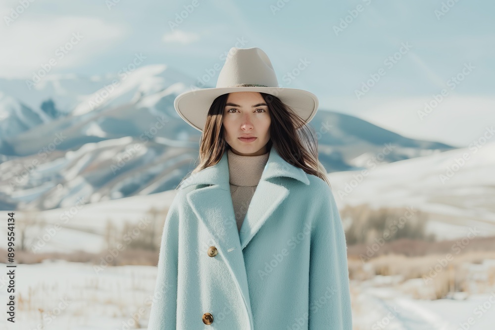 beautiful woman wearing a pastel blue wool coat, cowboy hat, scenic snowy mountains in the background beautiful woman wearing a pastel blue wool coat, cowboy hat, scenic snowy mountains in the background
