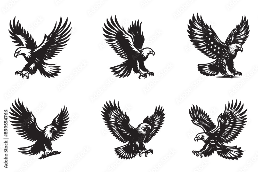 Fototapeta premium Eagle set silhouette vector art illustration with white background - Generative AI