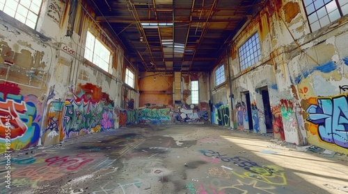 Urban Decay: Abandoned Building Transformed into Homeless Squat with Colorful Graffiti Walls