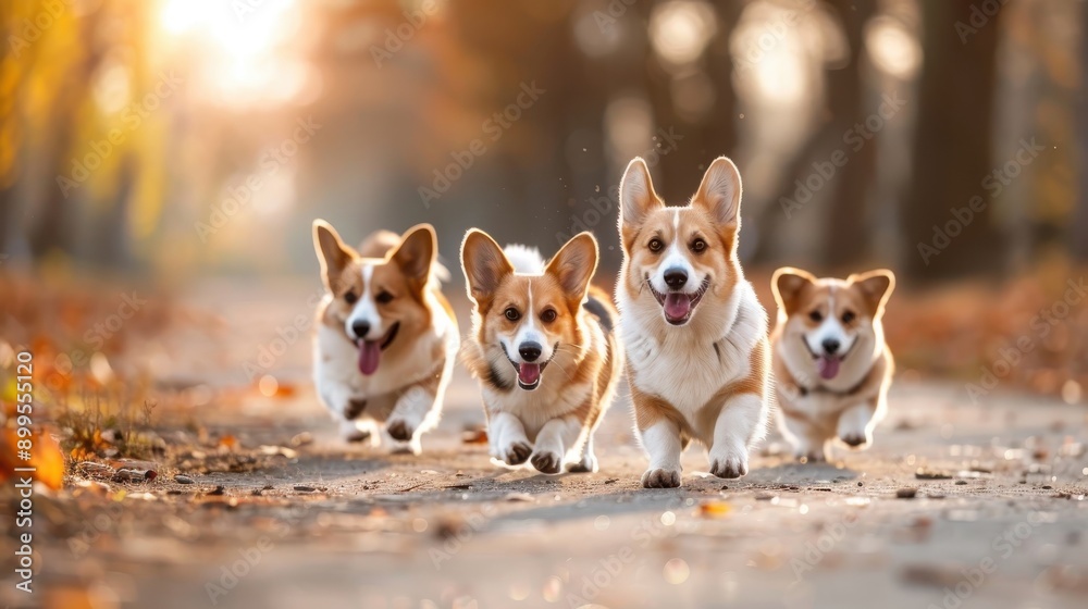A group of Welsh Corgis playing together in a park. A group of Welsh Corgis playing together in a park.
