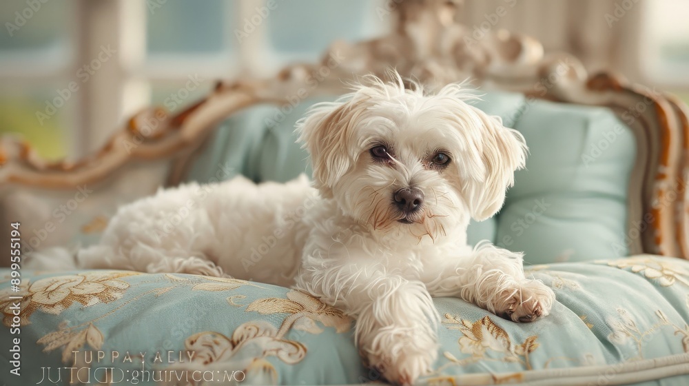 Elegant Maltese dog on a velvet cushion in a royal palace with ornate decorations. Elegant Maltese dog on a velvet cushion in a royal palace with ornate decorations.