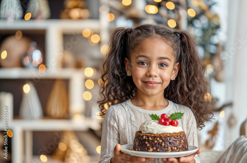 Christmas cake. Girl with pudding. Plum chocolate dessert with rum. Xmas british dinner. English figgy fruitcake with sauce and brandy. Kid with black sweet cake. Family winter pudding with Xmas decor photo