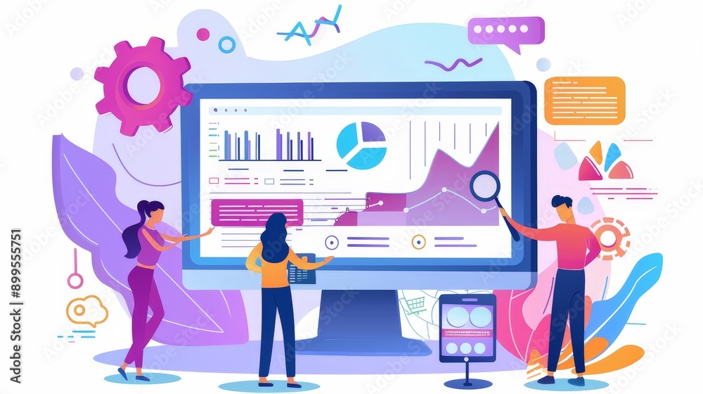 Show a marketing agency's SEO team analyzing website traffic data and planning optimization strategies. Show a marketing agency's SEO team analyzing website traffic data and planning optimization strategies.