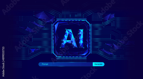 Illustration of abstract stream information with AI, dot and line, chipset, quantum, Ai computer data center. Big data, technology, AI, data transfer, data flow, large language model, generative ai
