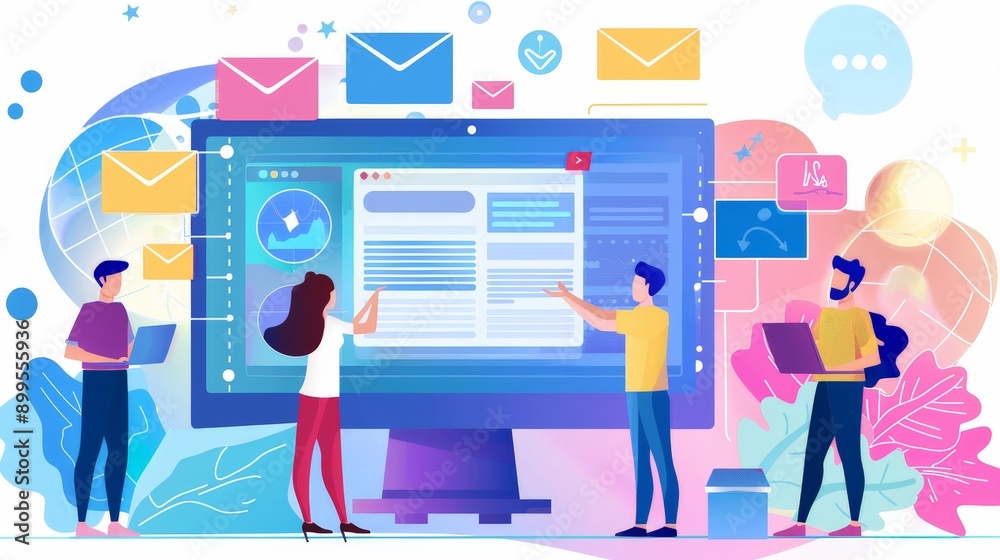 Show a marketing team reviewing the results of an email marketing campaign, analyzing open rates and click-through rates. Show a marketing team reviewing the results of an email marketing campaign, analyzing open rates and click-through rates.