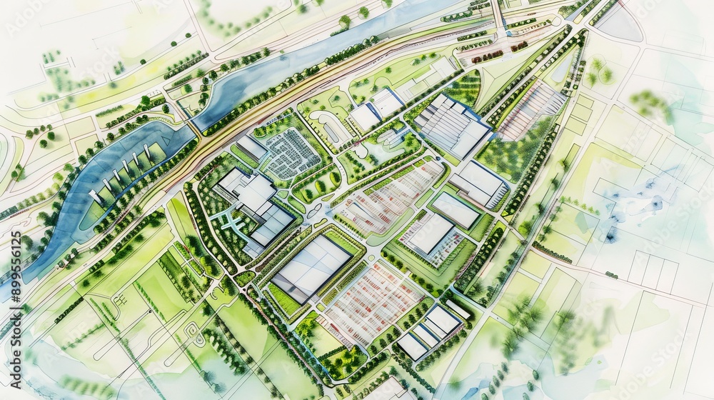 Show an architect developing a master plan for a high-tech business park, incorporating cutting-edge facilities, green spaces, and efficient logistics. Show an architect developing a master plan for a high-tech business park, incorporating cutting-edge facilities, green spaces, and efficient logistics.