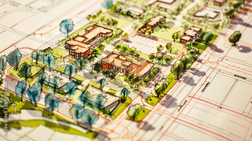 Show an architect drafting a detailed master plan for a residential neighborhood, highlighting the integration of community centers, schools, and recreational facilities. Show an architect drafting a detailed master plan for a residential neighborhood, highlighting the integration of community centers, schools, and recreational facilities.