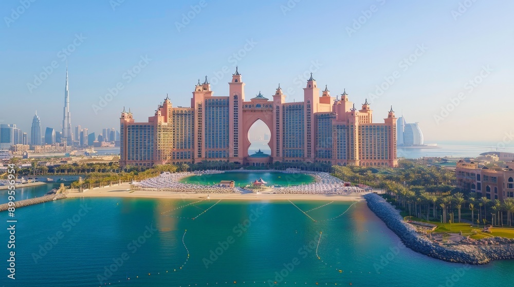 Fototapeta premium This artificial archipelago is home to luxury resorts, fine dining, and pristine beaches. Spend your day relaxing by the water or exploring the many attractions, including the Atlantis