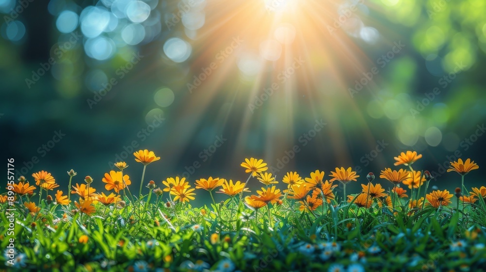 Obraz premium bright light stock photography. below and on the sides there is grass and wild flowers. from above - sun and blue sky with space for text.