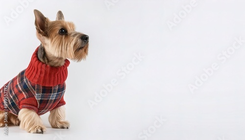 Scotty scottie dog or Scottish Aberdeen terrier with red sweater - Canis lupus familiaris - isolated on white background portrait closeup of face looking at camera photo