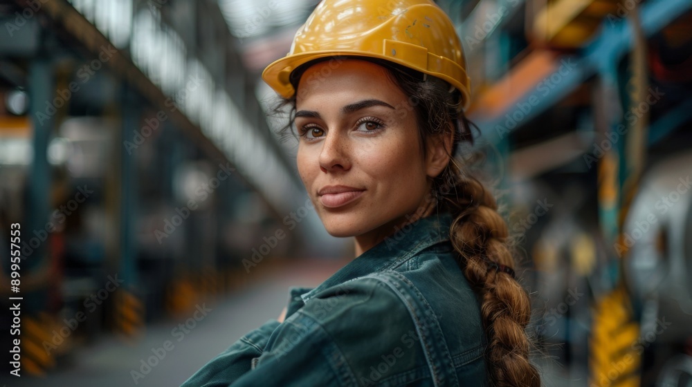 A woman worker in clean clothes stands against the backdrop of an industrial warehouse. Realistic photography.