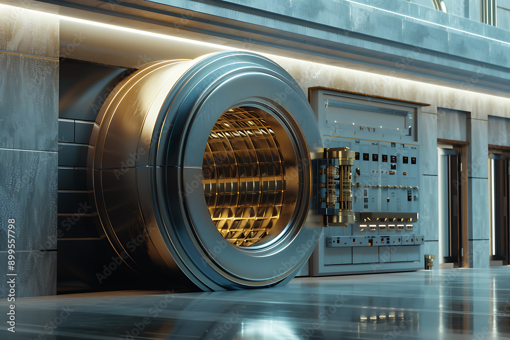 Massive bank vault doors wide open, symbolizing security, wealth, and access to valuable assets. The scene highlights the impressive structure and the importance of safeguarding financial resources. Massive bank vault doors wide open, symbolizing security, wealth, and access to valuable assets. The scene highlights the impressive structure and the importance of safeguarding financial resources.