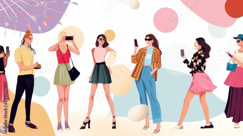 A stylish group of women, each uniquely dressed, stands against a colorful abstract background, capturing moments with their smartphones. The illustration radiates modernity and fashion.