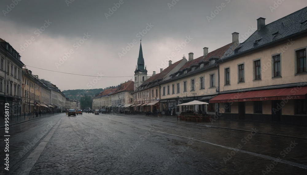 Obraz premium Street of the old town in gray weather during the rain.