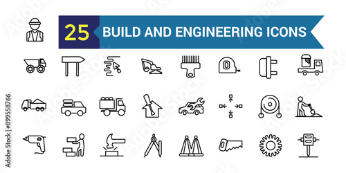 Build and Engineering line icon set. Outline icon collection. Editable vector stroke.
