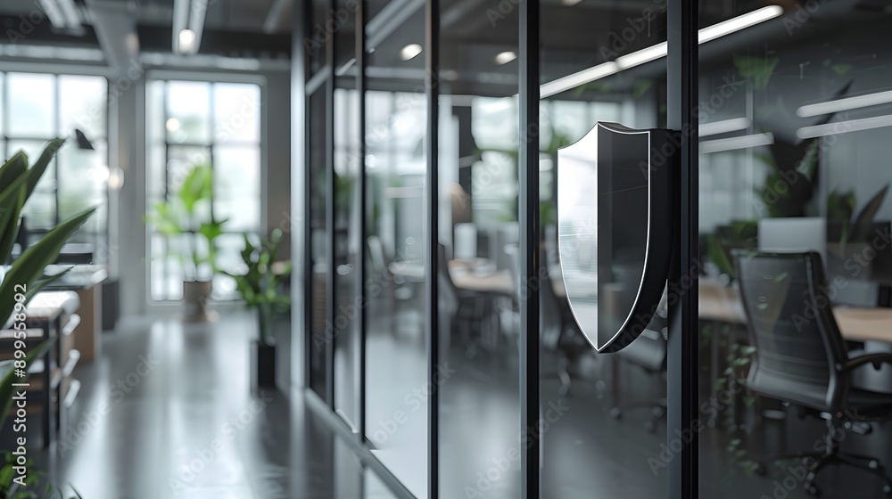 Modern office interior with digital shield icons representing business insurance and secure innovative concept Modern office interior with digital shield icons representing business insurance and secure innovative concept