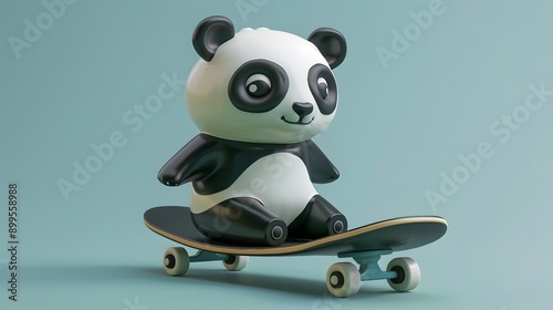 Cute Panda Play Skateboard Vector Icon Illustration 3D randering. 